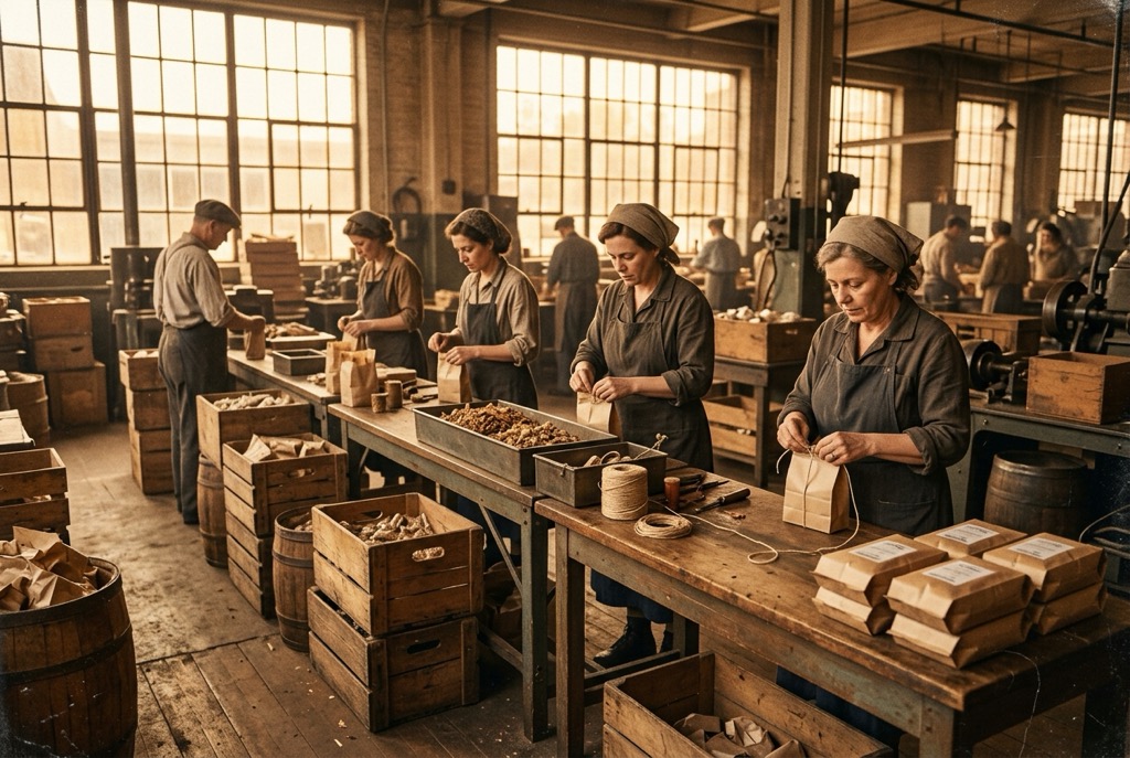 A vintage contract-packing production line from the mid-century